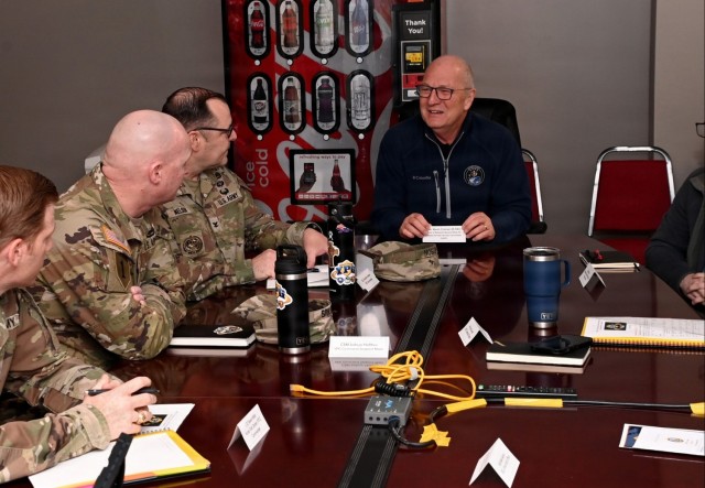 From left, Yuma Test Center Commander Lt. Col. Kevin Hicks, Yuma Proving Ground Command Sgt. Maj. Joshua Holthus, and Yuma Proving Ground Commander Col. John Nelson brief U.S. Senator Kevin Cramer, Chairman of the Senate Armed Services...