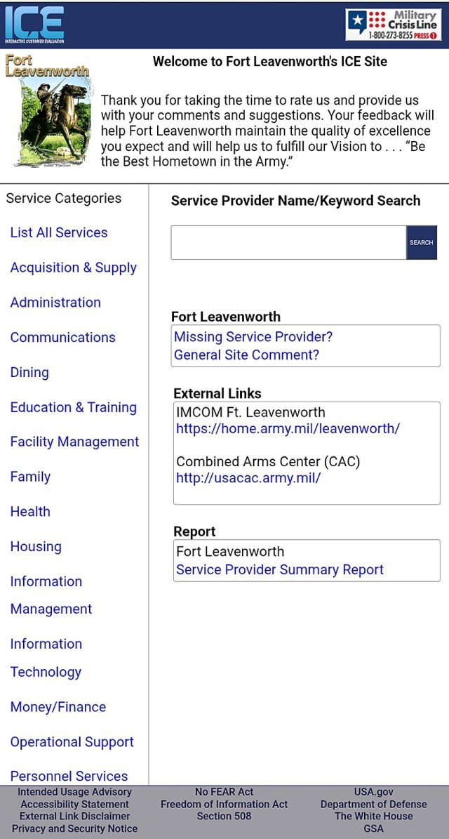 Screenshot from Fort Leavenworth’s Interactive Customer Evaluation website at https://ice.disa.mil/index.cfm?fa=site&site_id=445