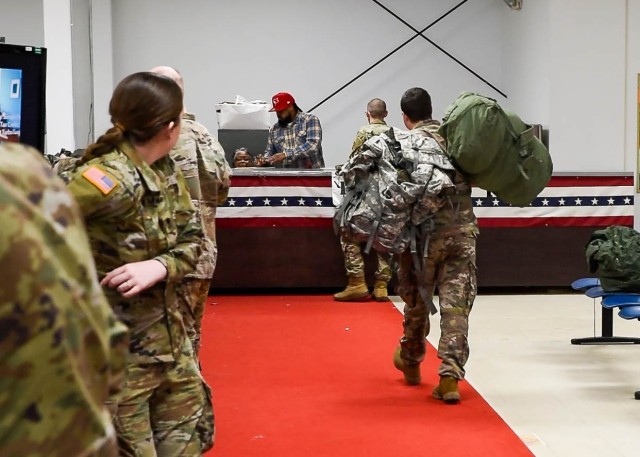 Soldiers from the 513th Military Intelligence Brigade turn in their OCIE in March 2025 at the Central Issue Facility at Fort Gordon, Georgia.