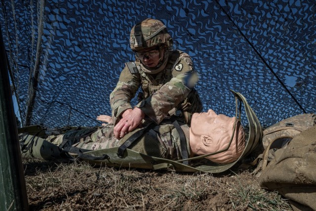 Competitors conduct Tactical Combat Casualty Care (TCCC) during Day two of the 2026 CSM Jack L. Clark Best Medic Competition at JBSA-Camp Bullis, Texas, Jan. 27, 2026.