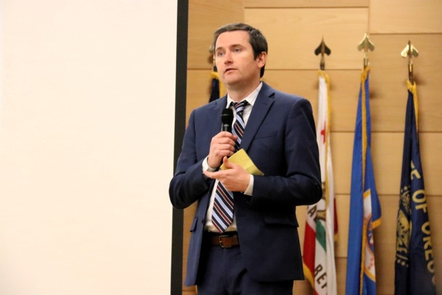 Matt Lucy of CECOM ILSC presents Artificial Intelligence Assisted Maintenance, or AIAM, at APG Innovation Showcase in Myer Auditorium on January 20, 2026.