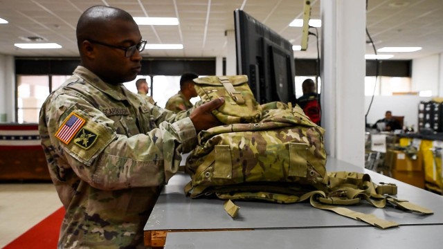 A Soldier from the 513th Military Intelligence Brigade turns in his Organizational Clothing and Individual Equipment in March 2025 at the Central Issue Facility at Fort Gordon, Georgia.