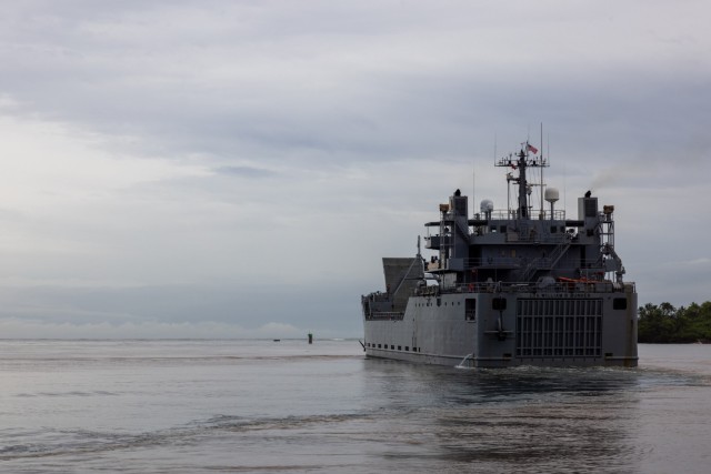 U.S. Army Logistics Support Vessel 4, LTG William B. Bunker, departs, to support Operation Pathways, from Joint Base Pearl Harbor-Hickam, Hawaii on May 18, 2024.