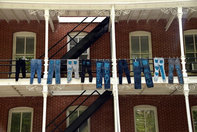 Fort Leavenworth SHARP community holds jeans-painting party to support Sexual Assault Awareness and Prevention Month.