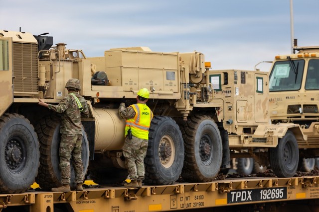1st Armored Division vehicles and equipment rolling in to support Cadet Summer Training