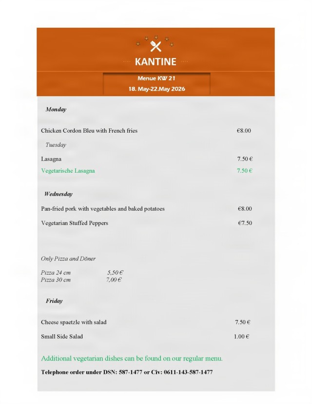 Kantine menu - 18-22 May 2026