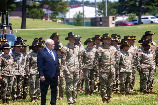 Medal of Honor Recipient Michael J. Fitzmaurice attends 2-17 CAV Color Casing Ceremony