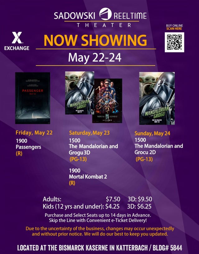 Sadowski Reeltime Theater Now Showing Schedule May 22-24 at Bismarck Kaserne, Katterbach, Germany