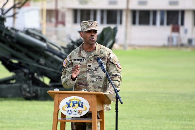 New U.S. Army Yuma Proving Ground (YPG) Commander Col. Charles Seaberry speaks at the change of command ceremony at YPG's Cox Field on June 11, 2026.